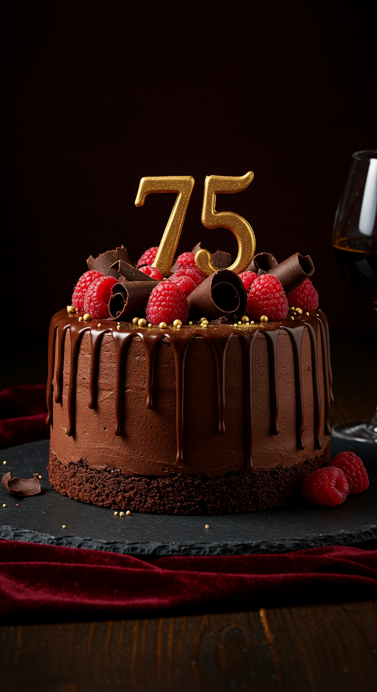 Dunkle Schokoladentorte mit Ganache-Drip, frischen Himbeeren, Schokoraspeln und goldenem 75-Topper.