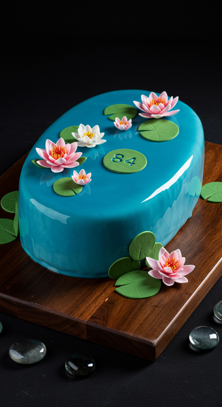 Ovaler Kuchen mit blauer Mirror Glaze, dekoriert mit Seerosen und Blättern.