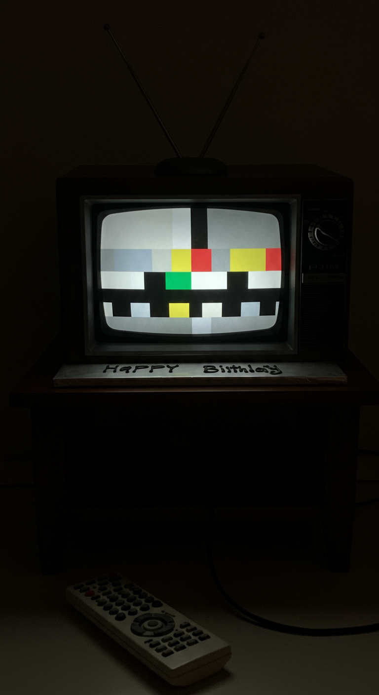 Torte in Form eines Retro-Fernsehers mit Testbild und