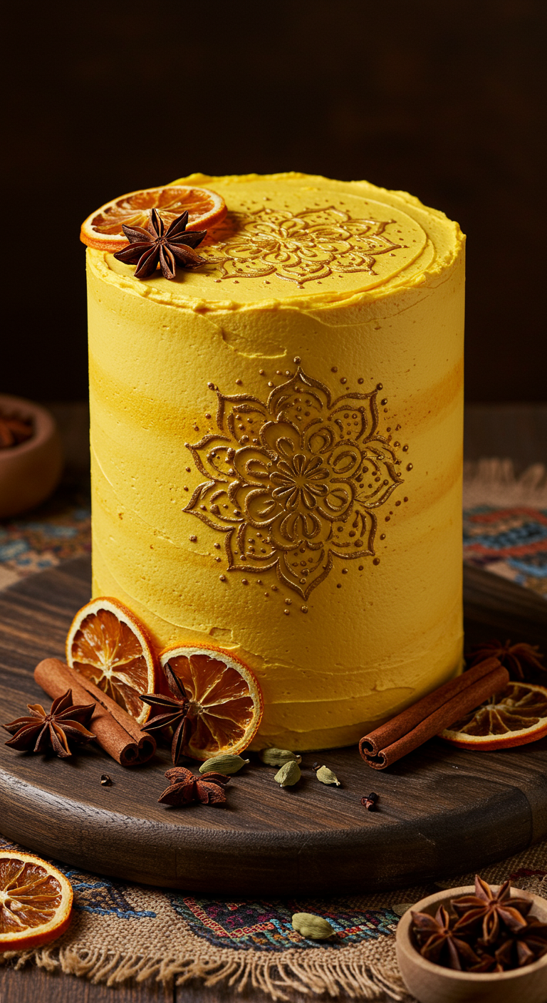 Gelbe Torte mit goldenem Mandala, getrockneten Orangen und Gewürzen.