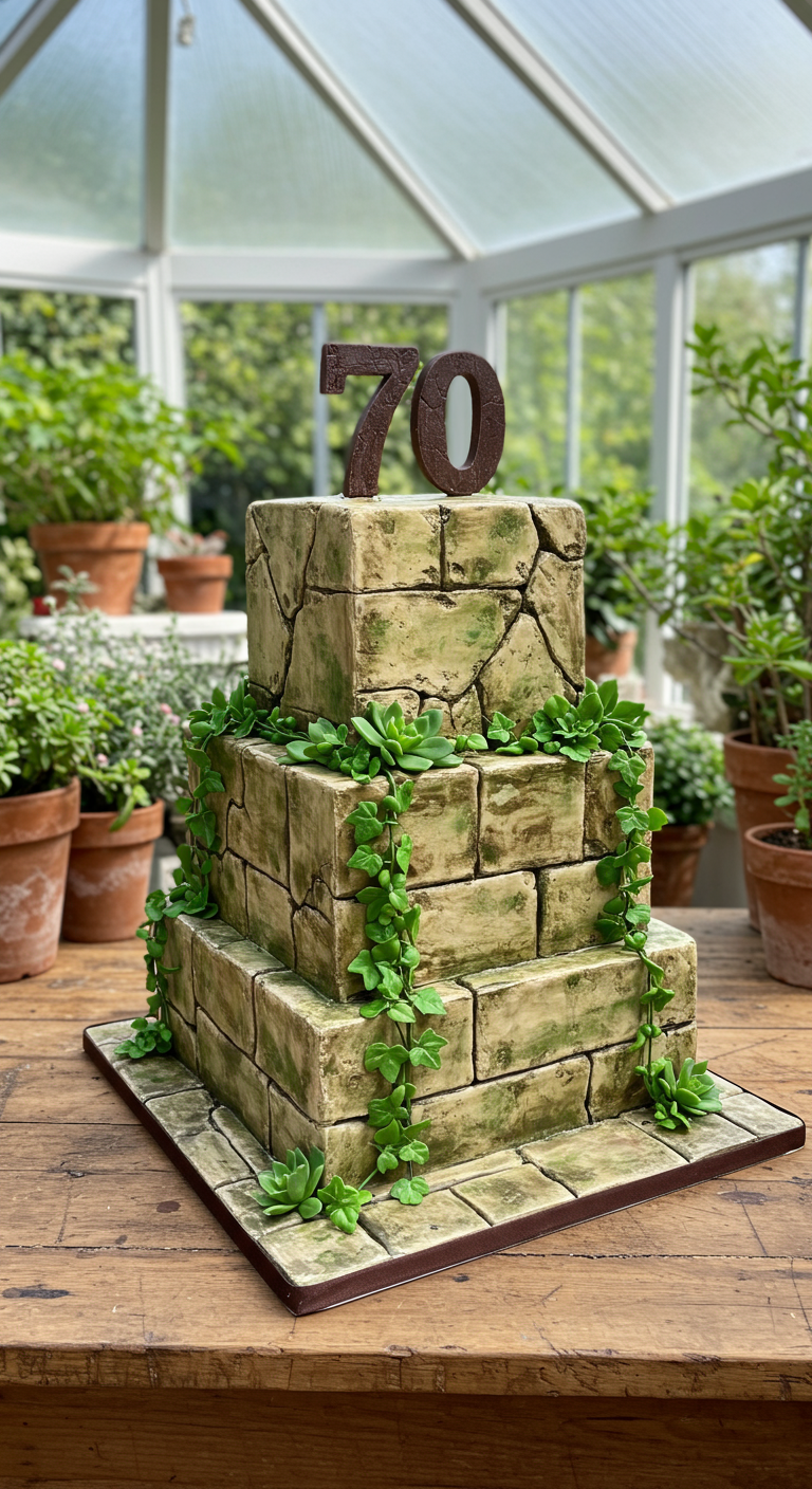 Dreistöckige Torte in Form von alten Steinquadern, bewachsen mit grünen Sukkulenten.