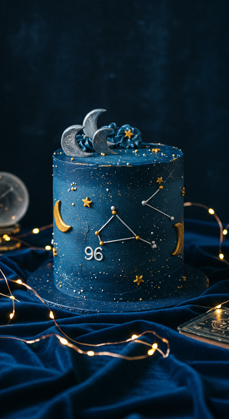 Einstöckige dunkelblaue Torte mit goldenen Sternen, Monden und Sternbildern.