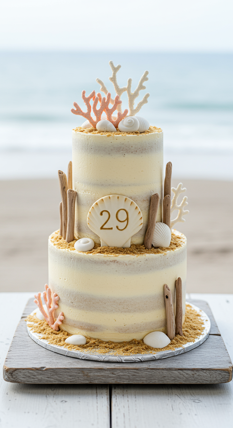 Zweistöckige Naked Cake mit Sandeffekt, Muscheln und Korallen.