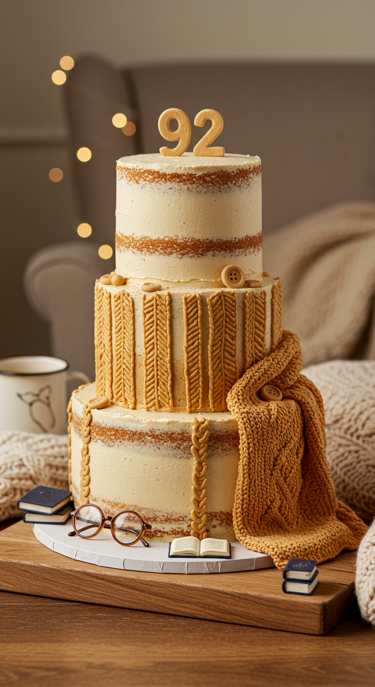 Dreistöckige Naked Cake mit Strickmuster-Buttercreme und Fondant-Schal.