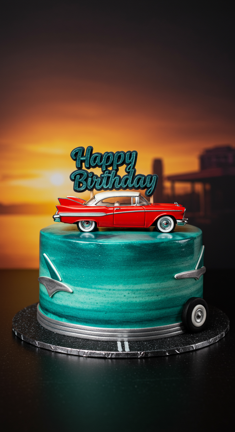 Türkise Torte mit rotem Oldtimer-Spielzeugauto als Topper und Sonnenuntergang-Hintergrund.