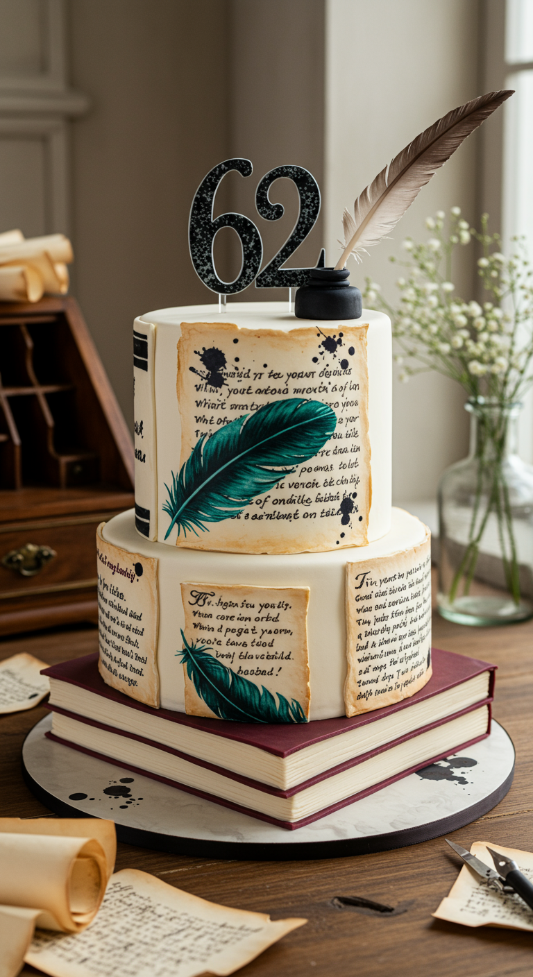 Zweistöckige weiße Torte mit aufgemalten Texten, Federn und Tintenklecksen.