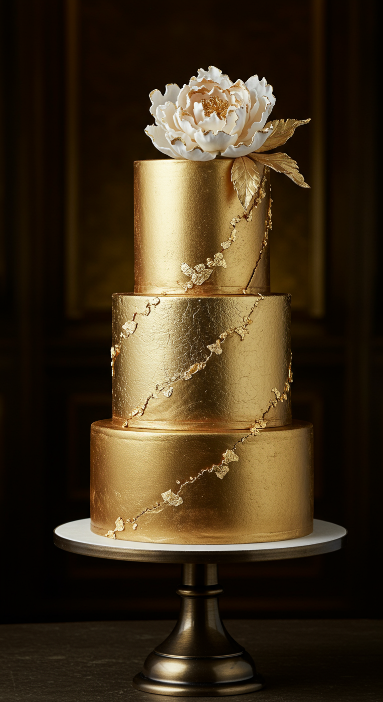 Dreistöckige, komplett goldene Torte mit einer großen weißen Blüte mit Goldakzenten.
