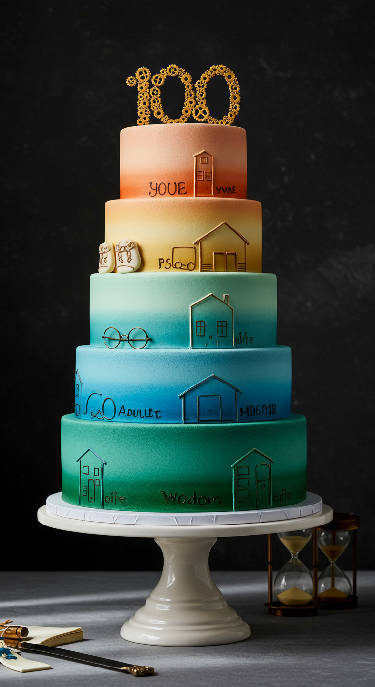 Mehrstöckige Ombré-Torte (grün-blau-orange) mit Häuser-Silhouetten pro Lebensphase.