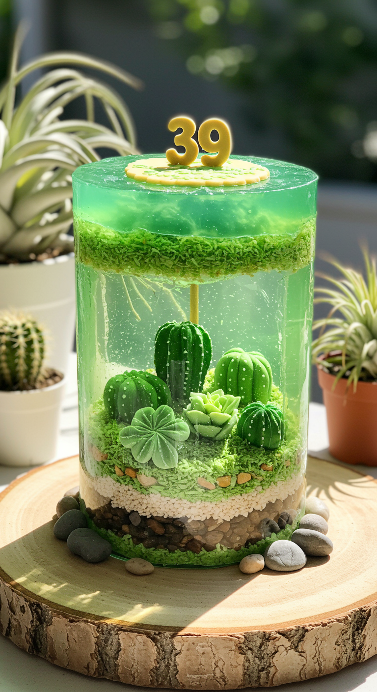 Durchsichtige Jelly-Torte als Terrarium mit Kaktus-Figuren.
