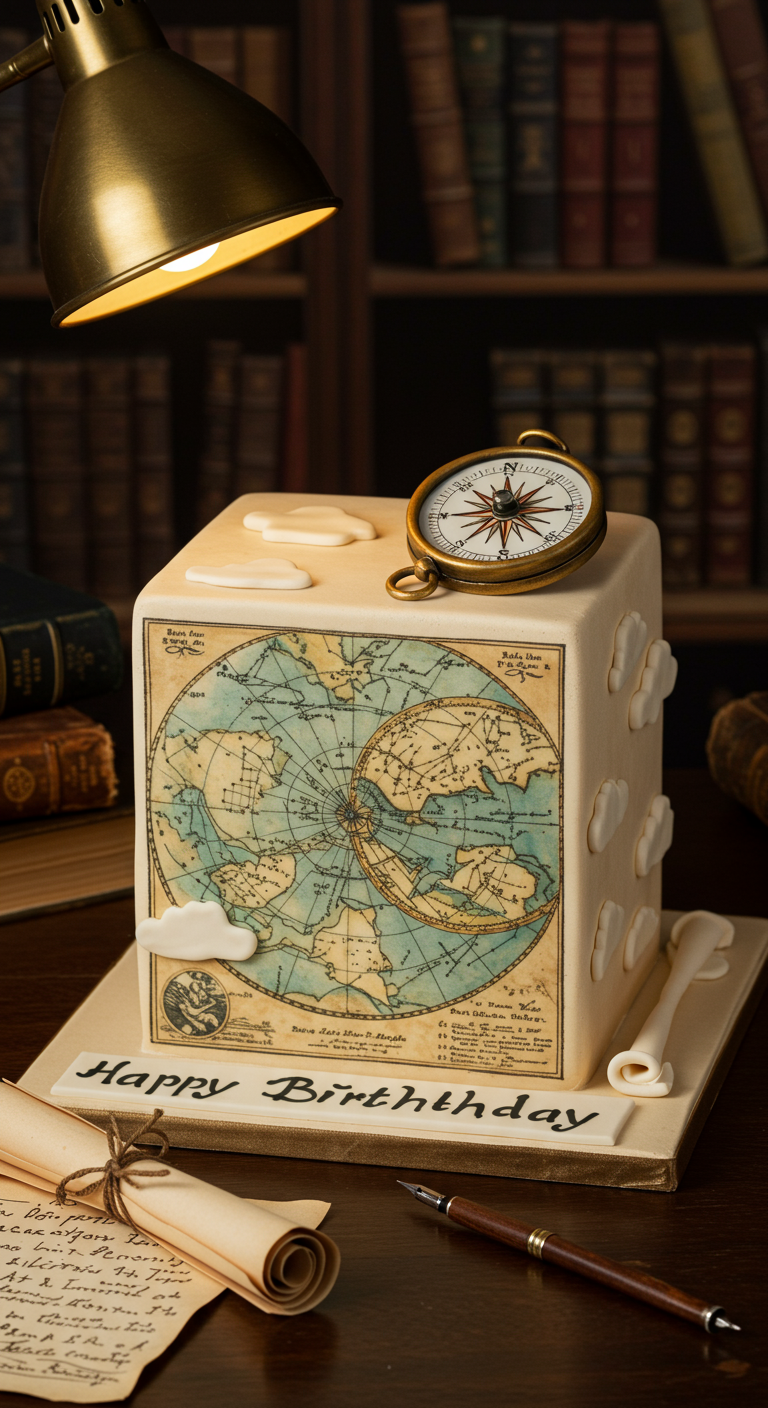 Quadratische Torte mit Weltkarten-Motiv, Kompass und Schriftrollen-Deko.