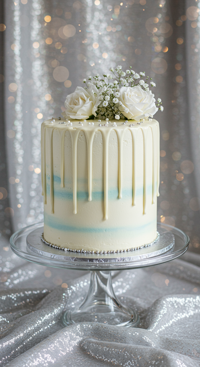 Weiße Torte mit weißem Drip, Perlen und weißen Rosen.