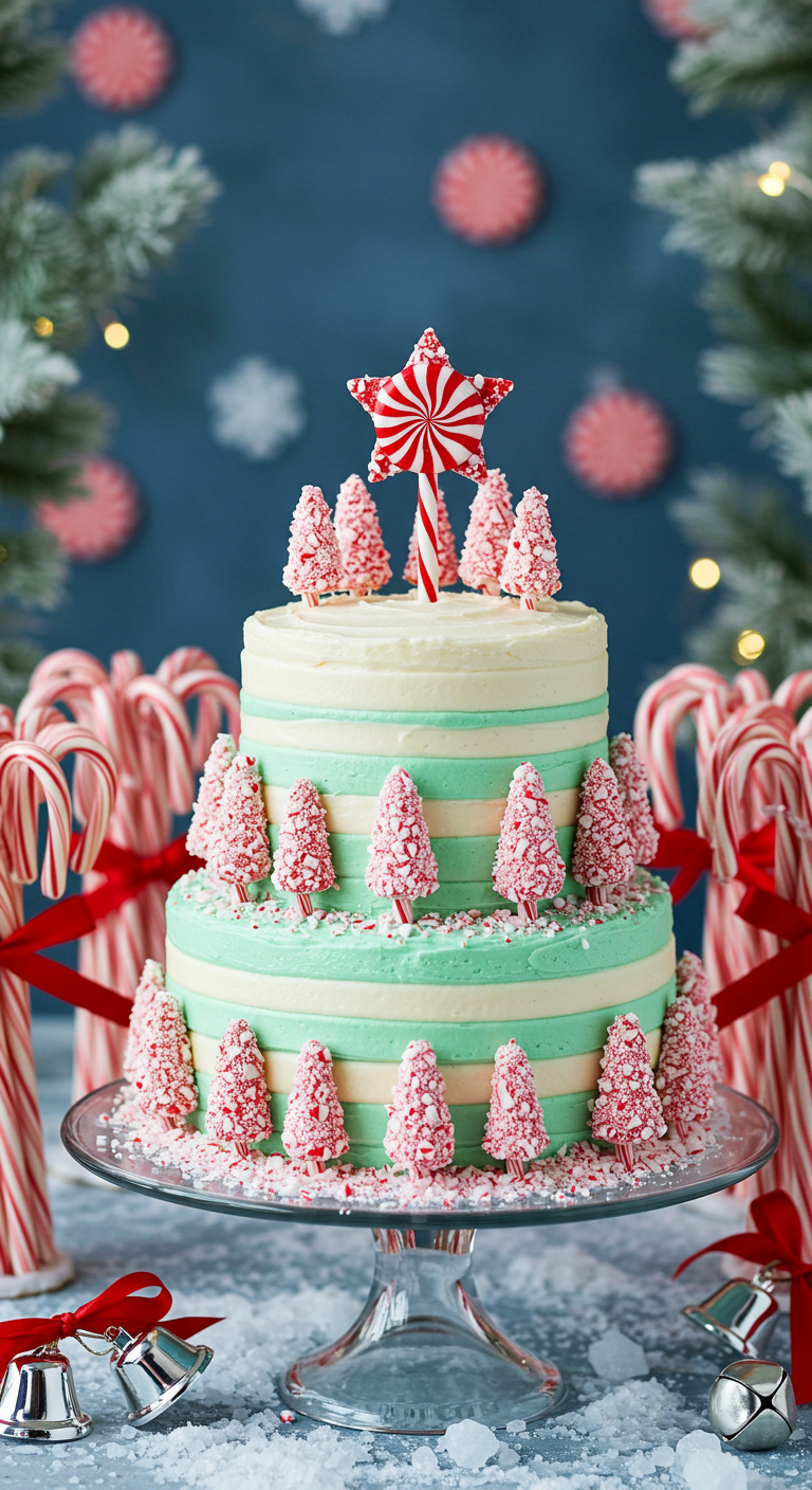 Zweistöckige weiß-mintgrüne Torte mit Zuckerstangen-Bäumchen und zerbröselten Zuckerstangen.