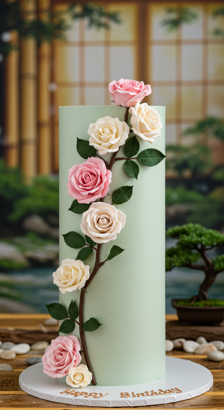 Hohe, mintgrüne Torte mit einem einzelnen, aufsteigenden Ast mit rosa und weißen Zuckerrosen.