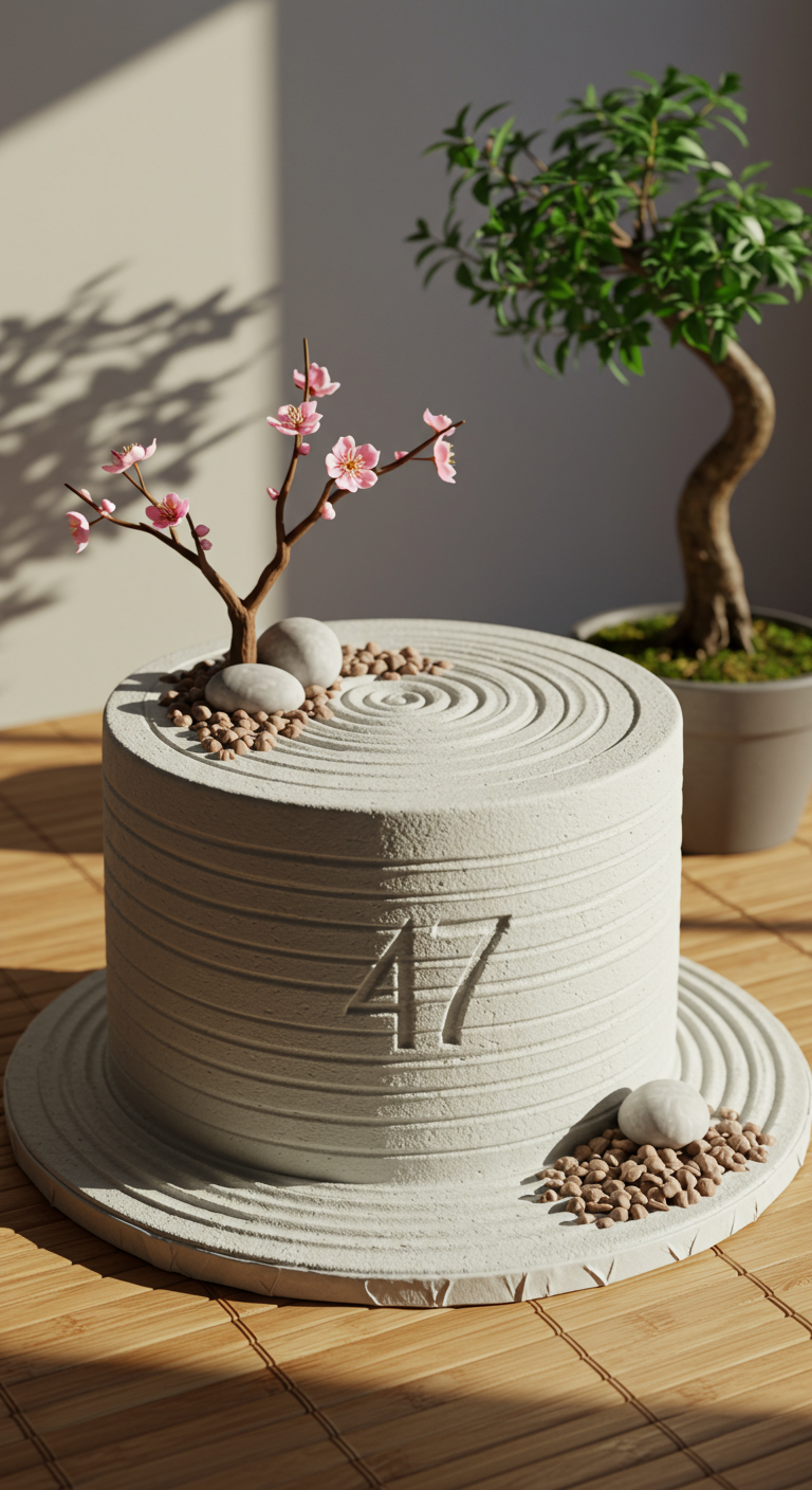 Graue Torte gestaltet als Zen-Garten mit geharkten Linien und Kirschblüten.