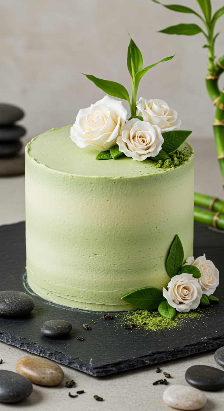Hellgrüne Torte mit weißen Rosen, Bambus-Dekoration und Matcha-Pulver auf schwarzer Schieferplatte.