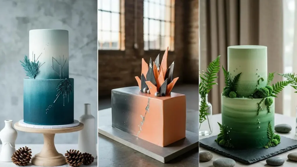 Drei kunstvolle Ombre-Schichttorten für Hochzeiten mit harmonischen Zweifarben-Designs: Blau, Orange, Grün.