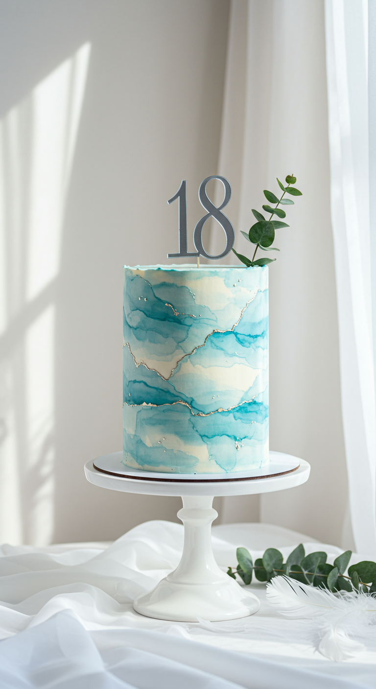 Hohe Torte mit blau-weißen Aquarell-Effekten und Silberakzenten.