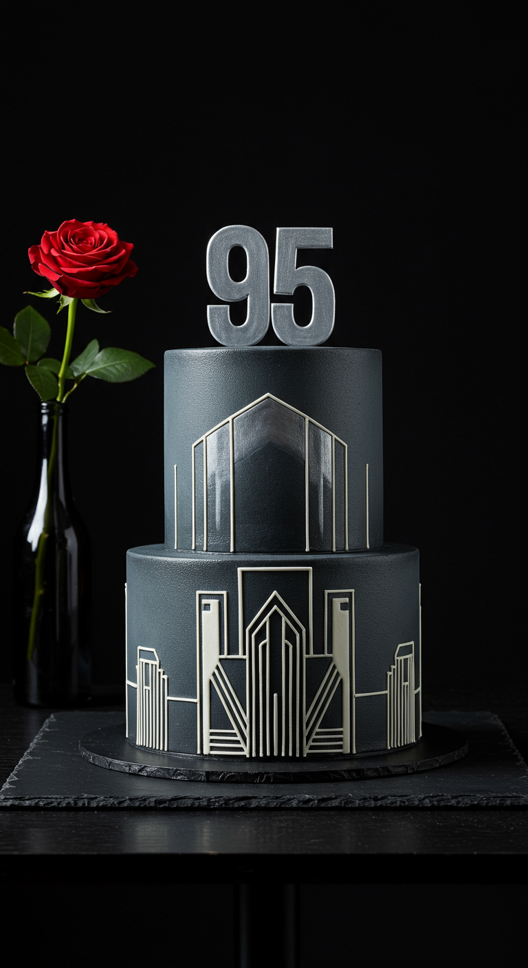 Zweistöckige graue Torte mit weißen Art-Déco-Mustern und silberner „95“.