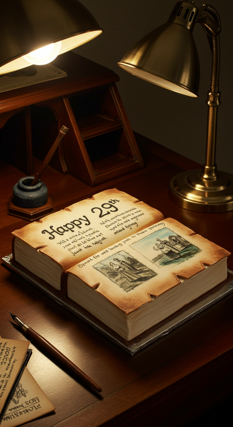Torte in Form eines aufgeschlagenen Buches mit Schrift und Bildern.