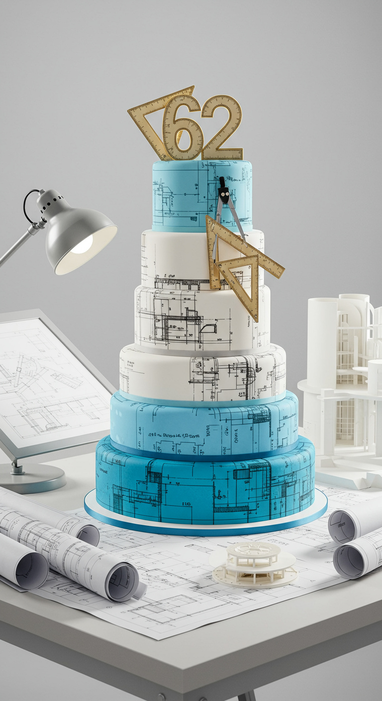 Mehrstöckige Torte im Blaupausen-Stil mit Architektenwerkzeugen aus Zucker.