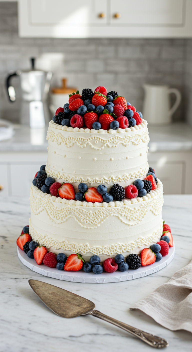 Zweistöckige weiße Torte mit gespritzten Spitzenmustern und frischen Beeren.