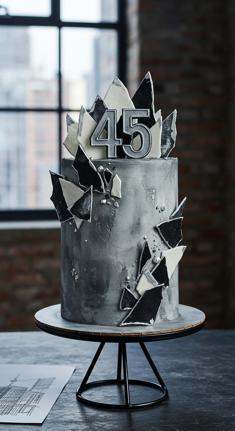Graue Torte in Betonoptik mit schwarzen und silbernen Scherben und Zahl 45.