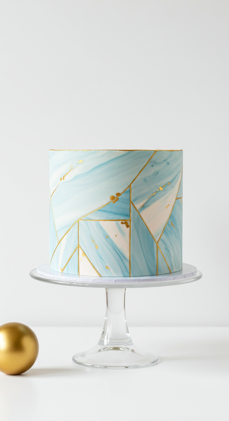 Hellblaue Marmortorte mit goldenen geometrischen Linien und goldenen Sprenkeln.