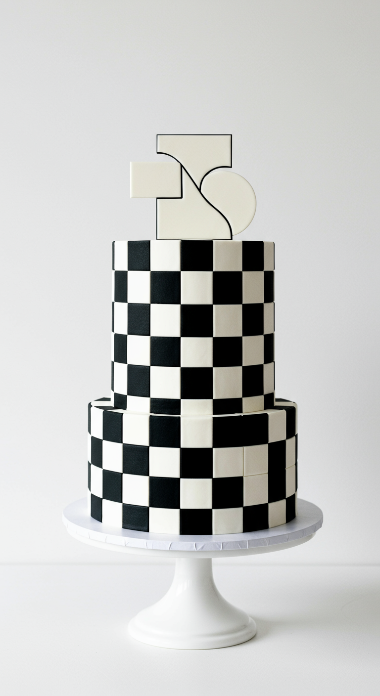 Zweistöckige schwarz-weiße Torte im Schachbrettmuster mit geometrischem Zahlen-Topper.