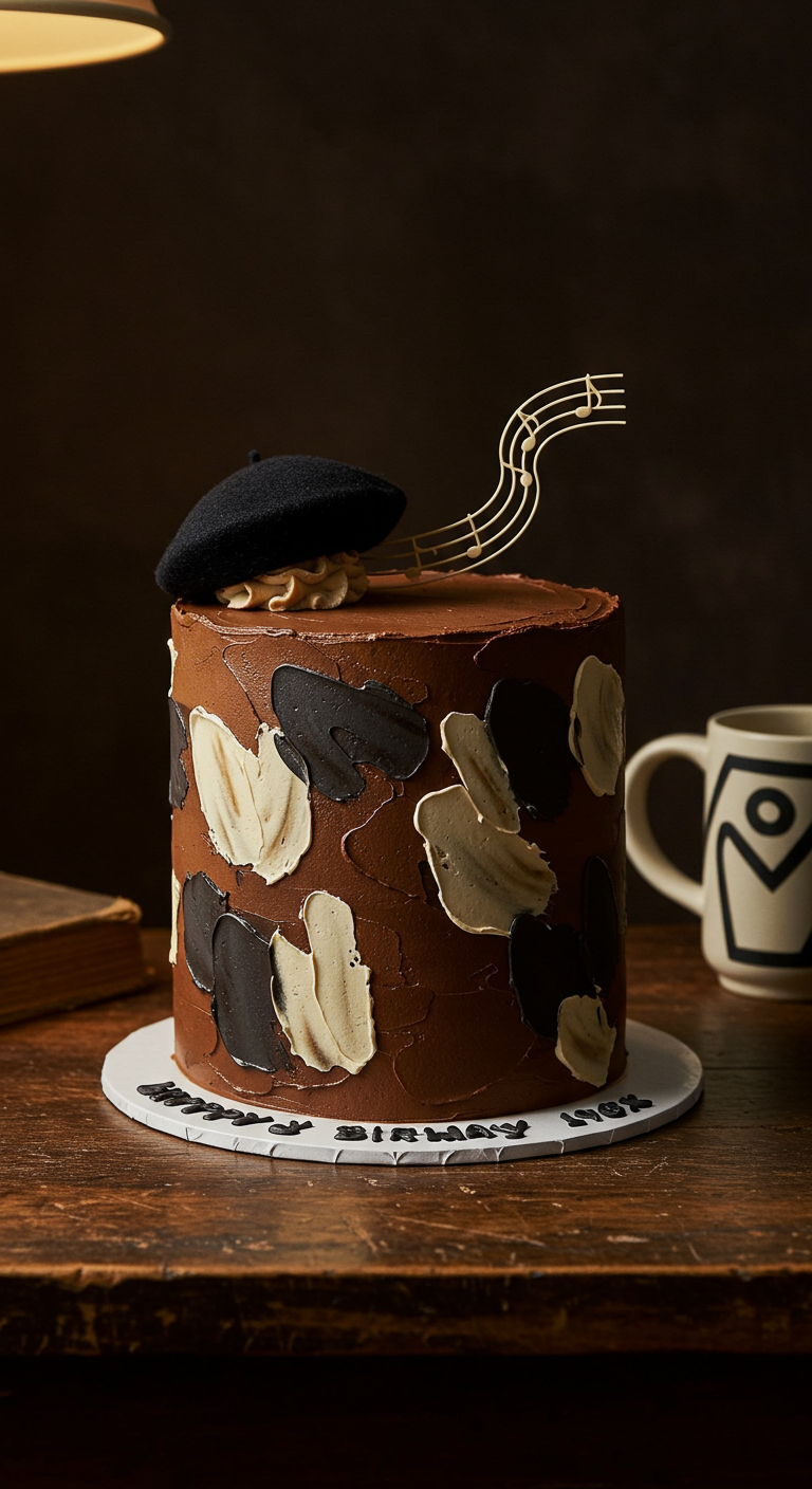 Schokobraune Torte mit abstrakten Pinselstrichen, Baskenmütze und Notenschlüssel-Topper.