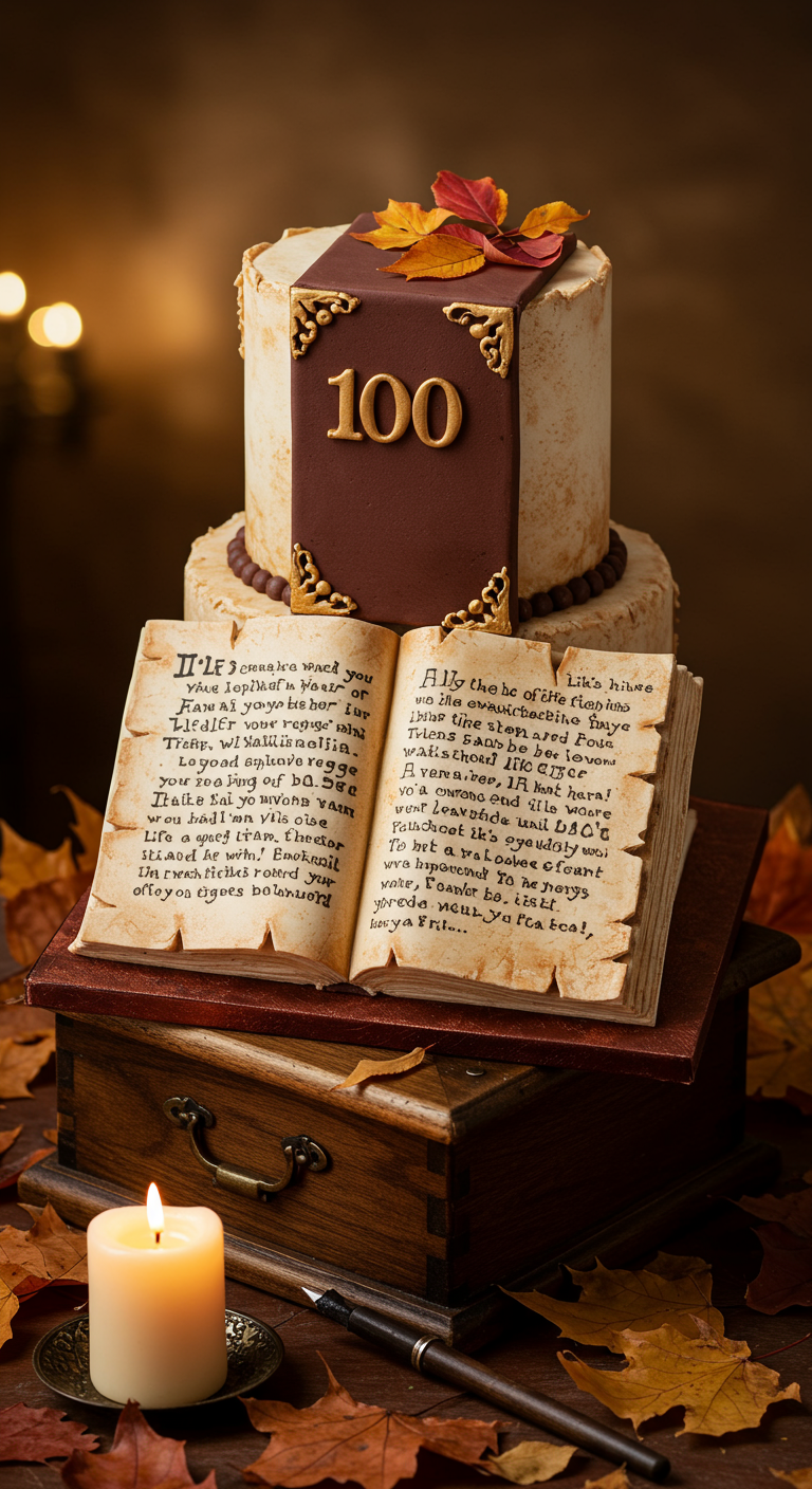 Torte in Form eines aufgeschlagenen antiken Buches mit Kalligrafie und '100' auf dem Buchrücken.