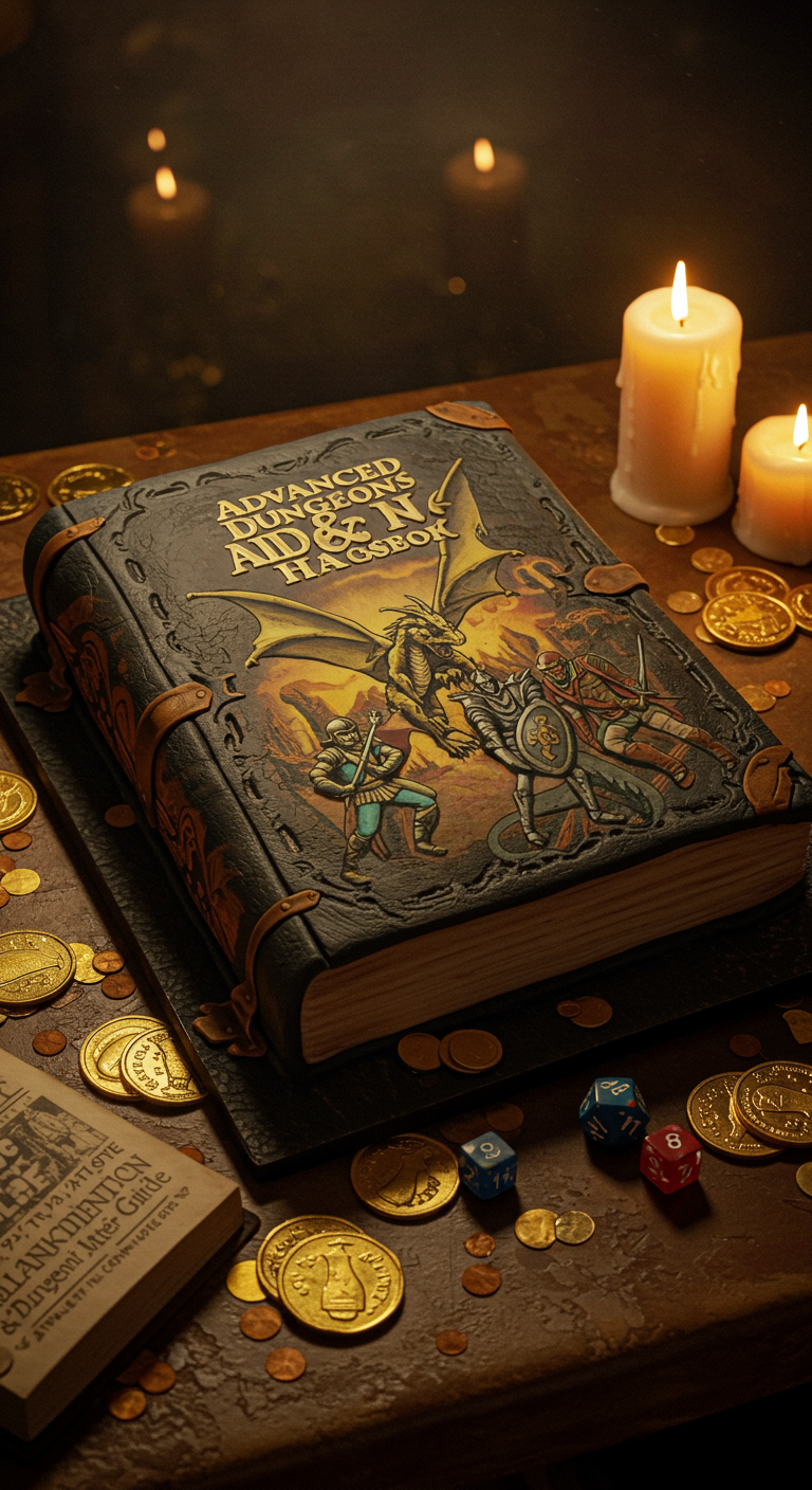 Aufgeschlagenes Dungeons & Dragons Buch als Torte mit Drachenmotiv und Goldmünzen
