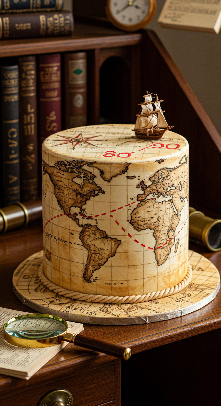 Einstöckige runde Torte mit Vintage-Weltkartenmotiv und kleinem Schiff.