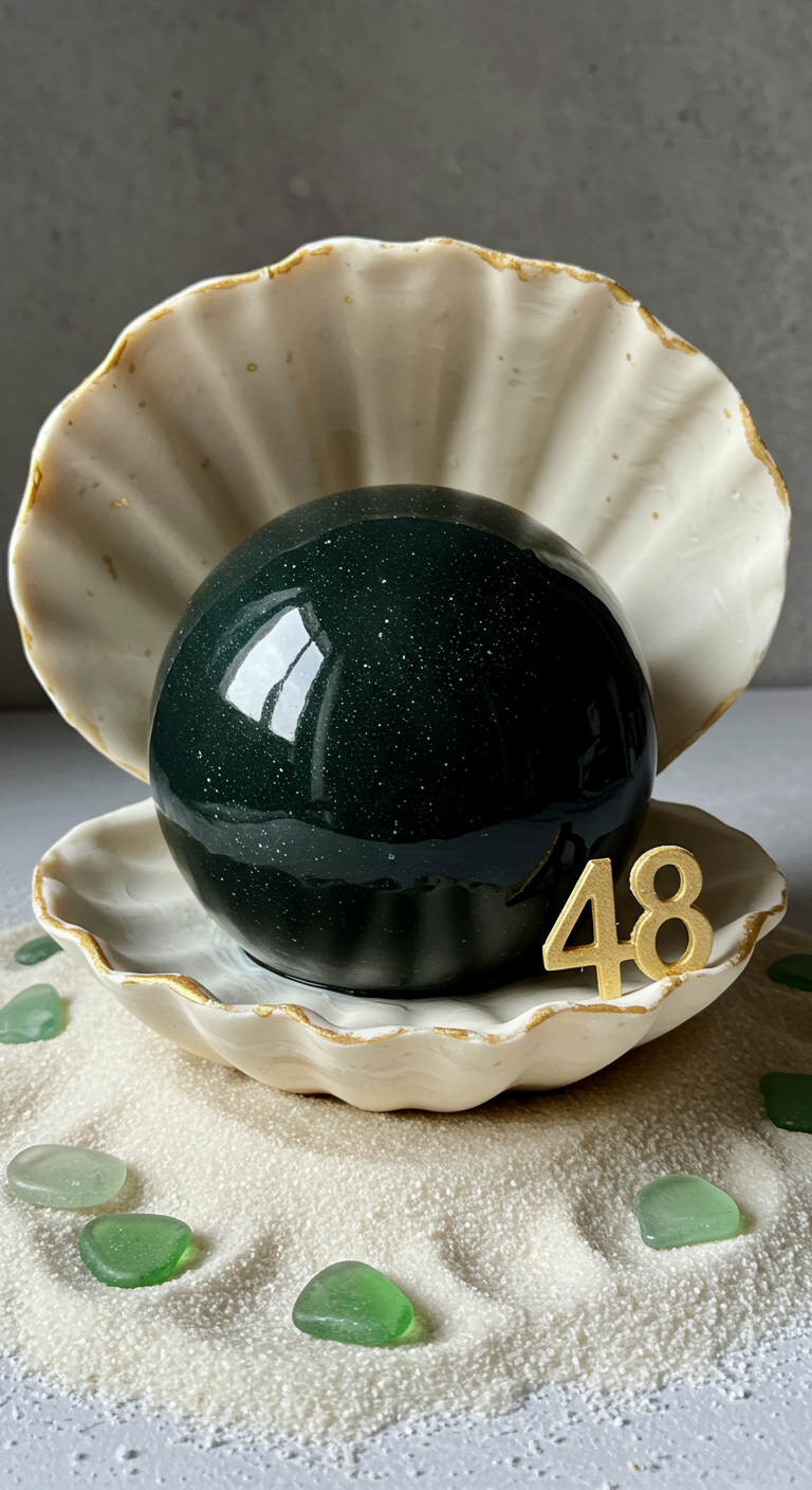 Schwarze glänzende Kugel-Torte in einer weißen, goldgeränderten Austernschale auf Sand.