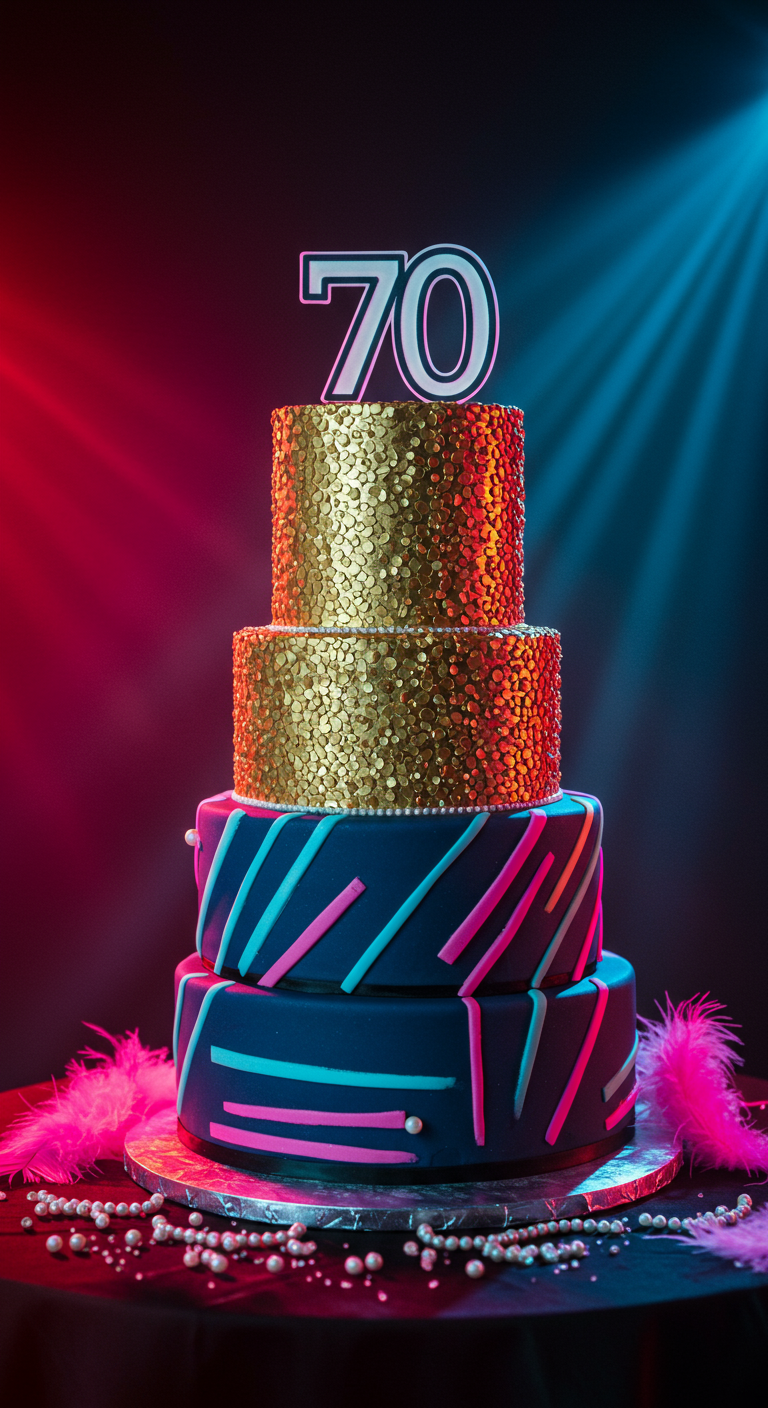 Mehrstöckige Torte, obere Etagen mit goldenen Pailletten, untere blau mit Neon-Linien.