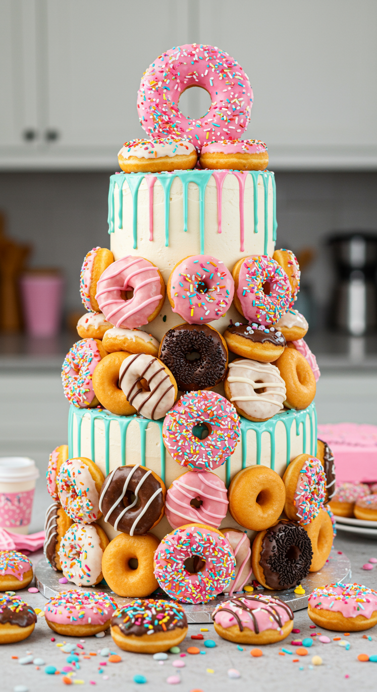 Hohe Torte, über und über mit bunten Donuts und Schoko-Drip dekoriert.