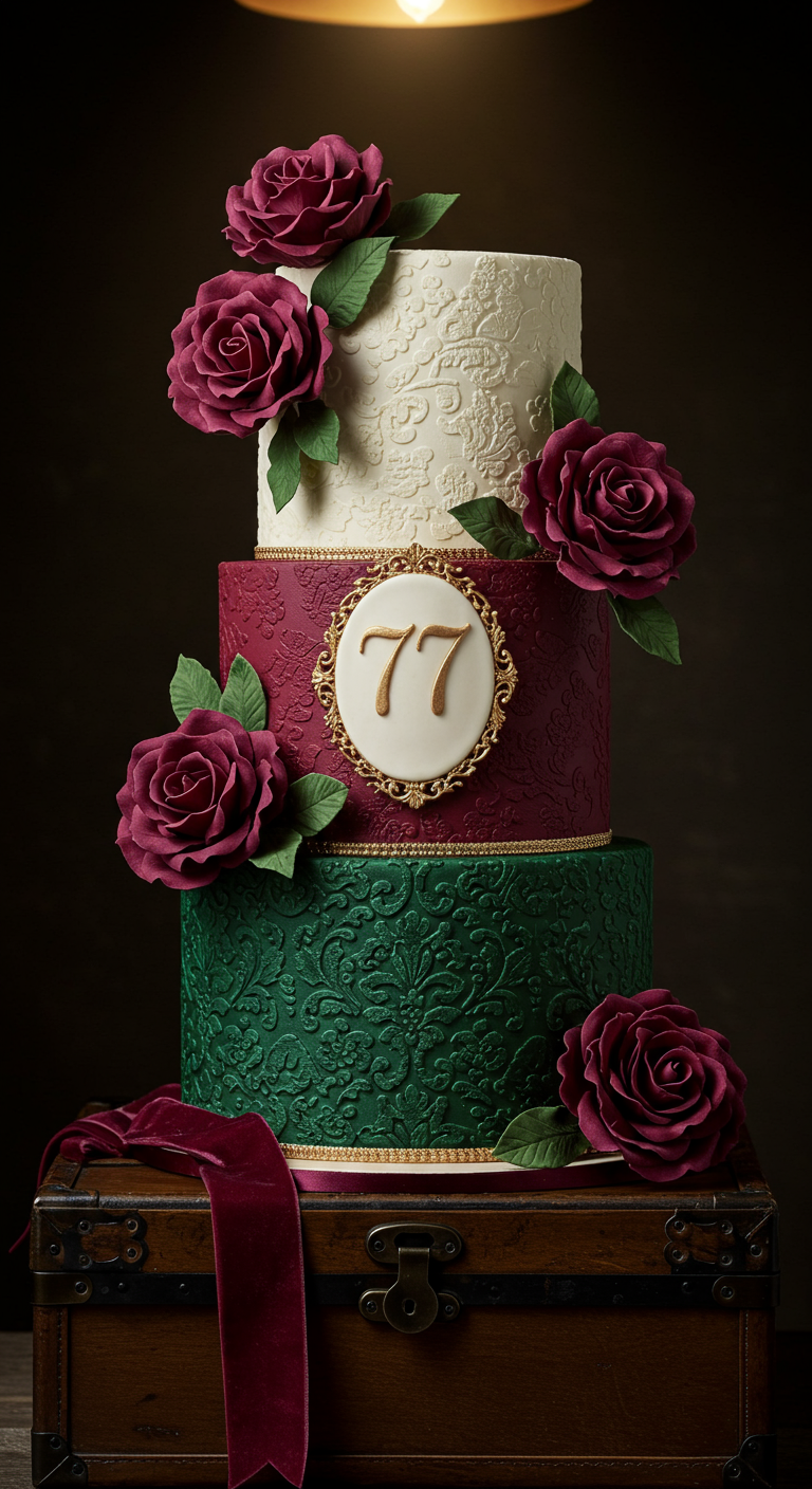 Dreistöckige Torte in Creme, Bordeaux und Dunkelgrün mit Brokatmustern und roten Rosen.