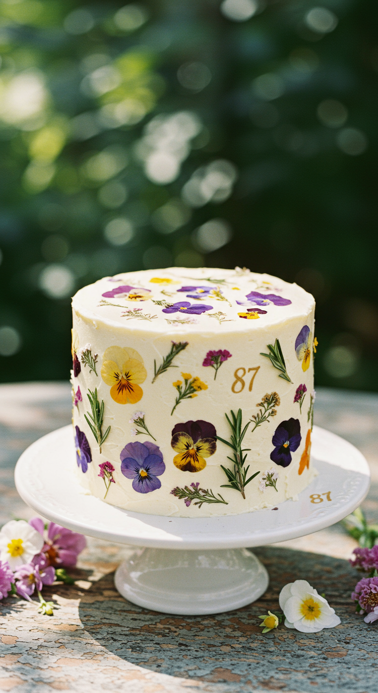 Weiße Torte dekoriert mit echten, essbaren bunten Blüten und Kräutern.