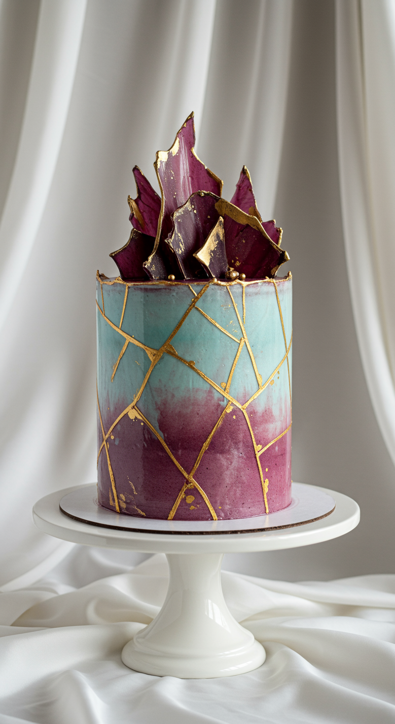 Torte mit Farbverlauf von Türkis zu Magenta, goldenen Linien und einem Topper aus Schokoladenstücken.