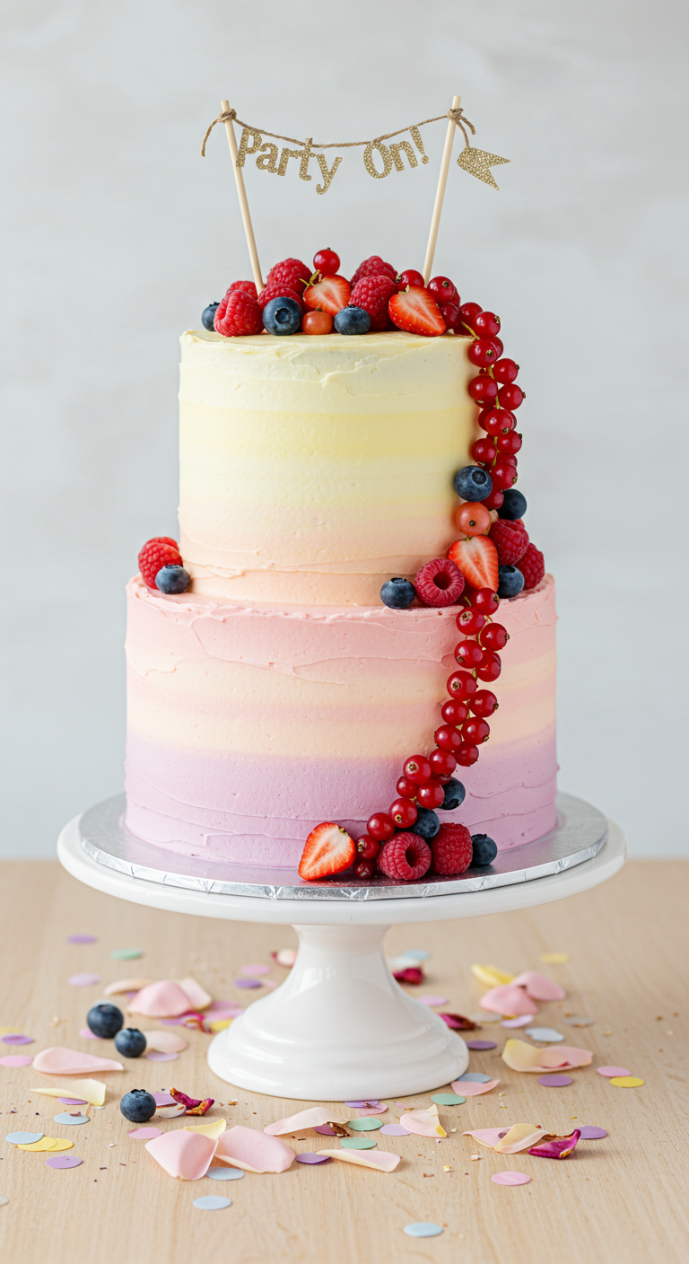 Zweistöckige Torte mit Ombré-Farbverlauf, dekoriert mit einer Kaskade aus roten Beeren.
