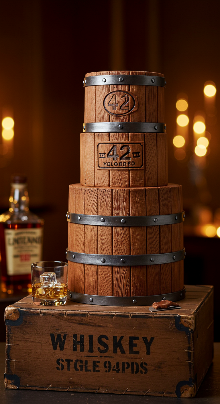 Dreistöckige Torte in Form eines Whiskey-Fasses mit Holzmaserung und Metallbändern.