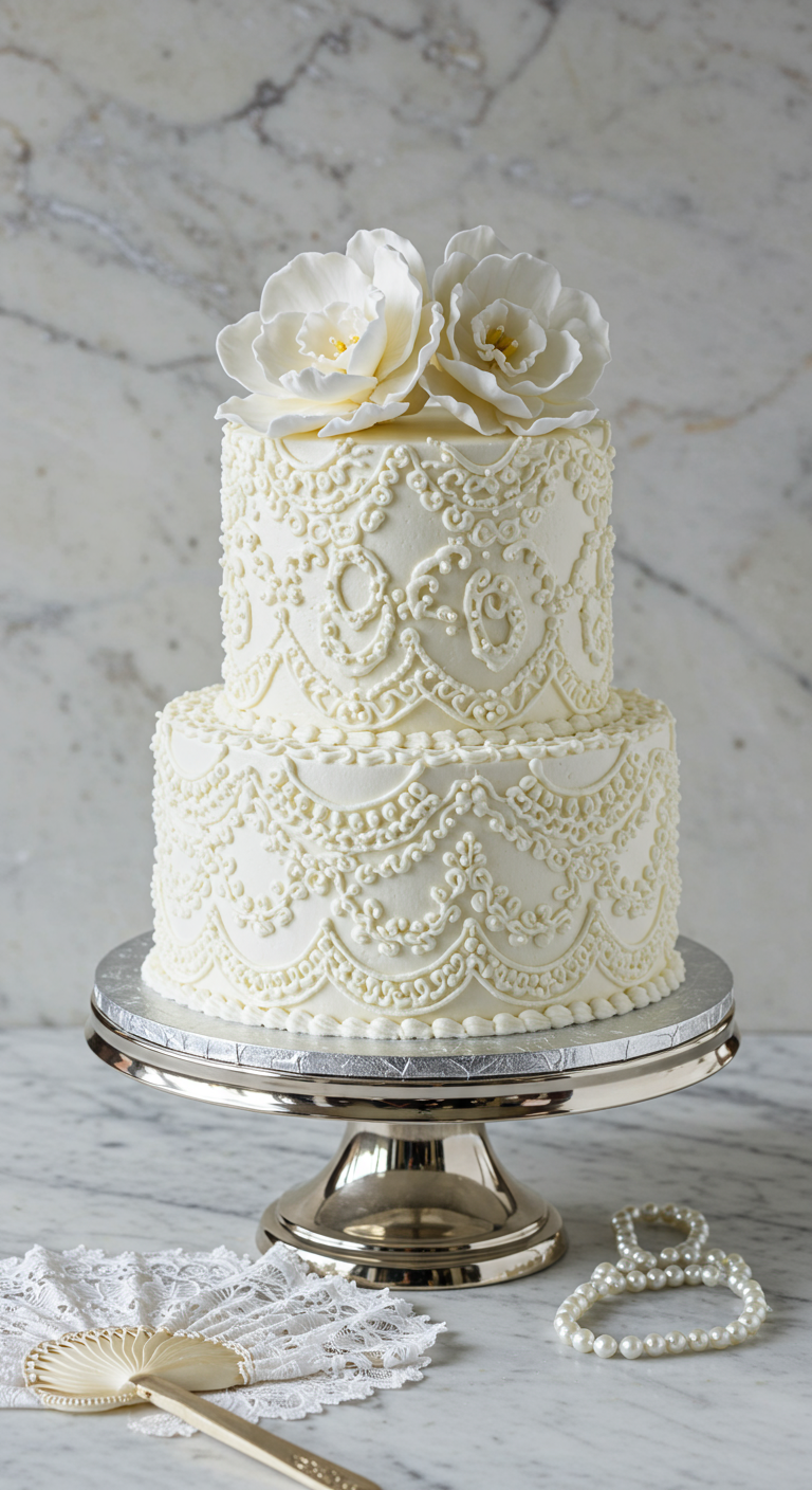 Zweistöckige weiße Torte mit extrem filigranen weißen Spitzenmustern.
