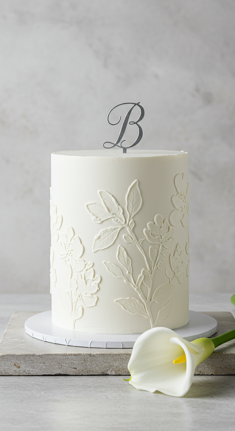 Weiße, zylindrische Torte mit einem dezenten, erhabenen floralen Muster (Basrelief) und einem silbernen „B“ Topper.