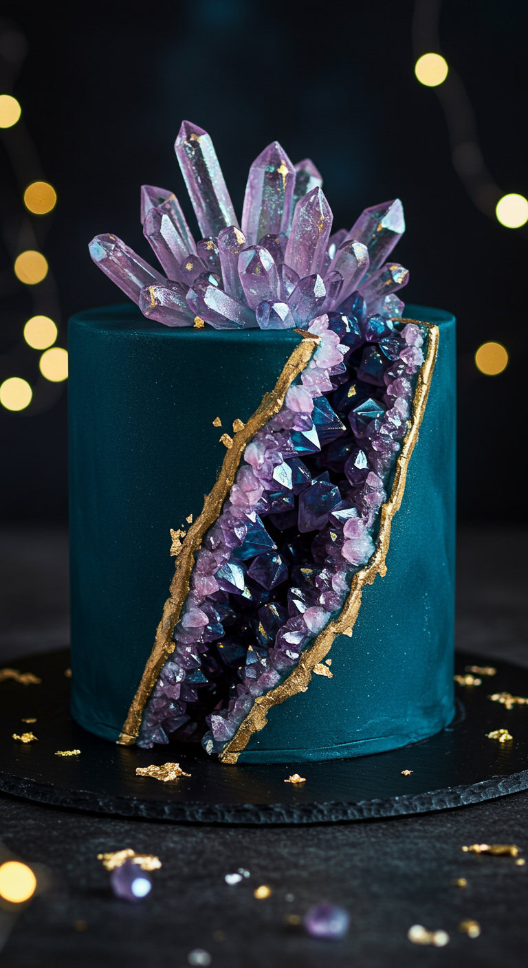 Dunkelblaue, hohe Torte mit einem aufbrechenden Amethyst-Geoden-Effekt aus Zuckerkristallen und Golddetails.