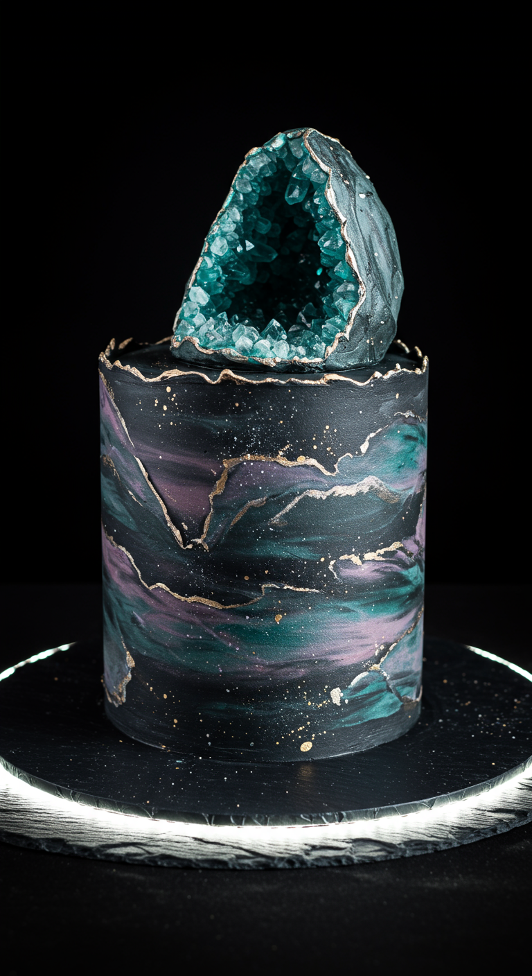 Dunkle Torte mit petrolfarbener Kristall-Geode und goldenen Akzenten.