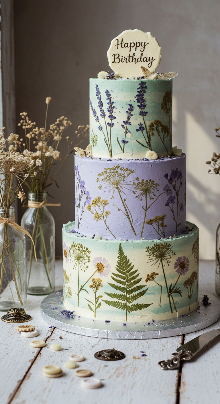 Dreistöckige Torte mit Ombré-Buttercreme und handgemalten gepressten Wildblumen