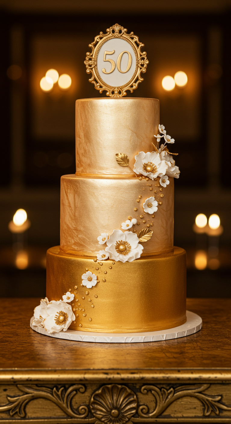 Dreistöckige goldene Torte mit weißen Zuckerblumen und goldenem '50' Topper im Rahmen.