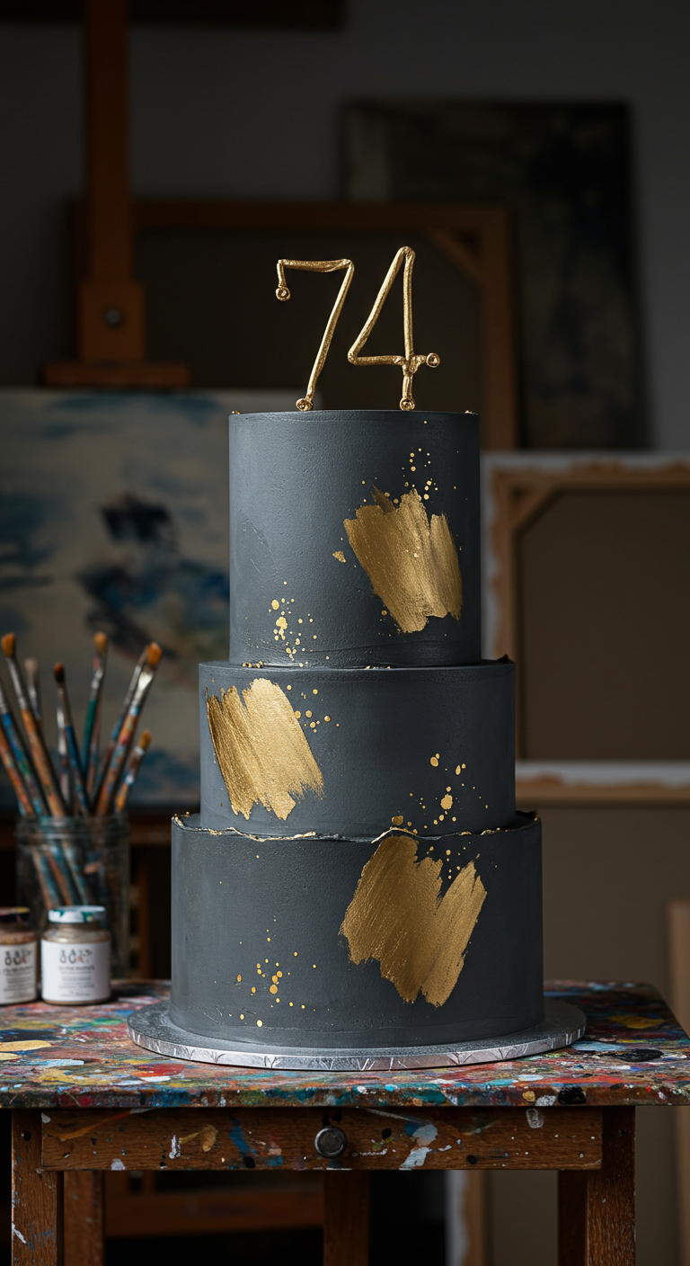 Dreistöckige dunkelgraue Torte mit breiten goldenen Pinselstrichen und goldenen Spritzern.