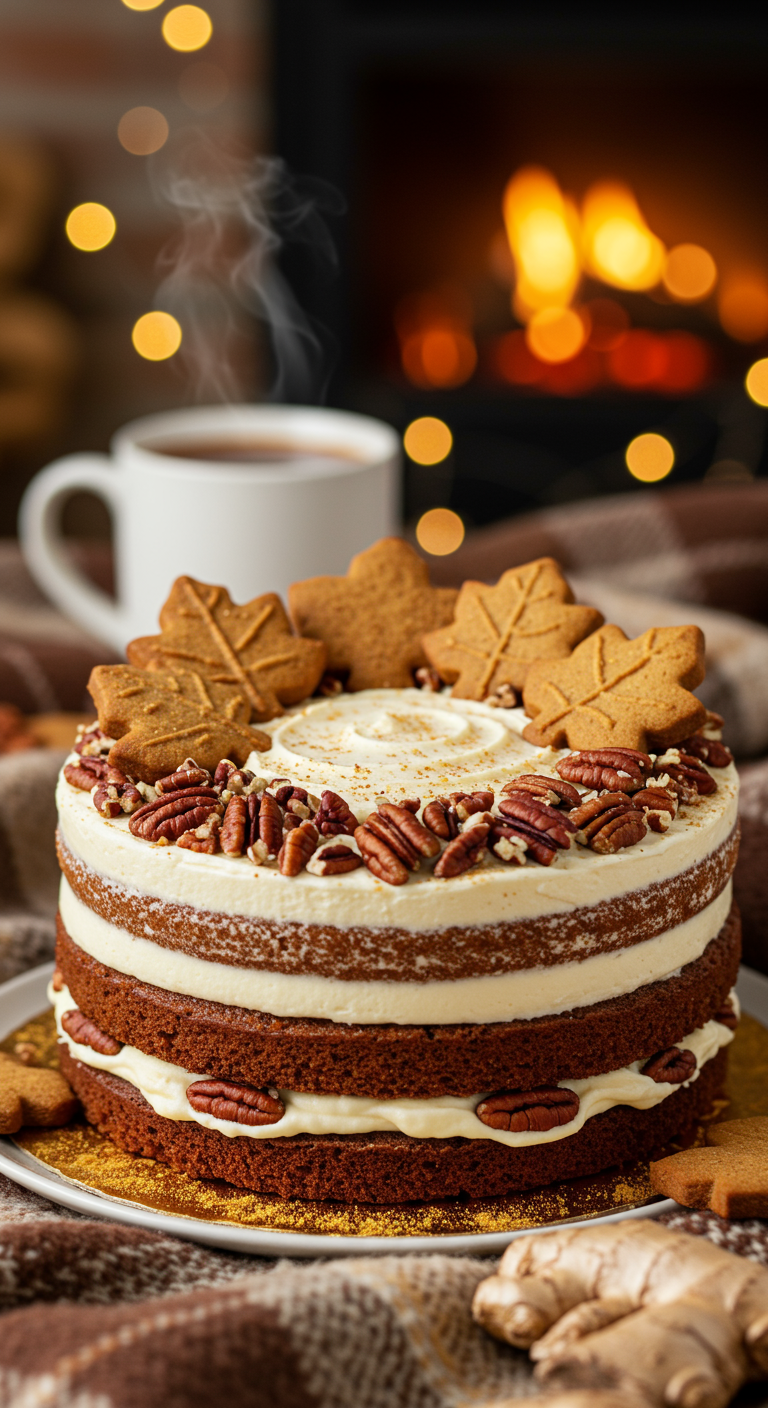 Gewürzkuchen mit Frischkäsefrosting, Pekannüssen und Lebkuchen-Blättern.