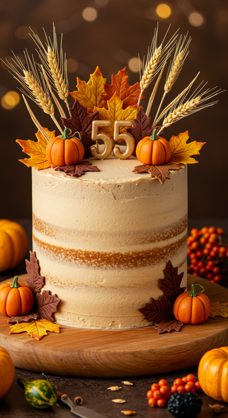 Semi-Naked-Cake mit Herbstdeko: Kürbisse, Blätter, Ähren aus Fondant.