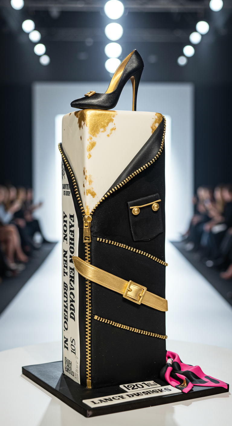 Hohe Torte mit Reißverschluss-Detail, Goldakzenten und Schuh-Topper.